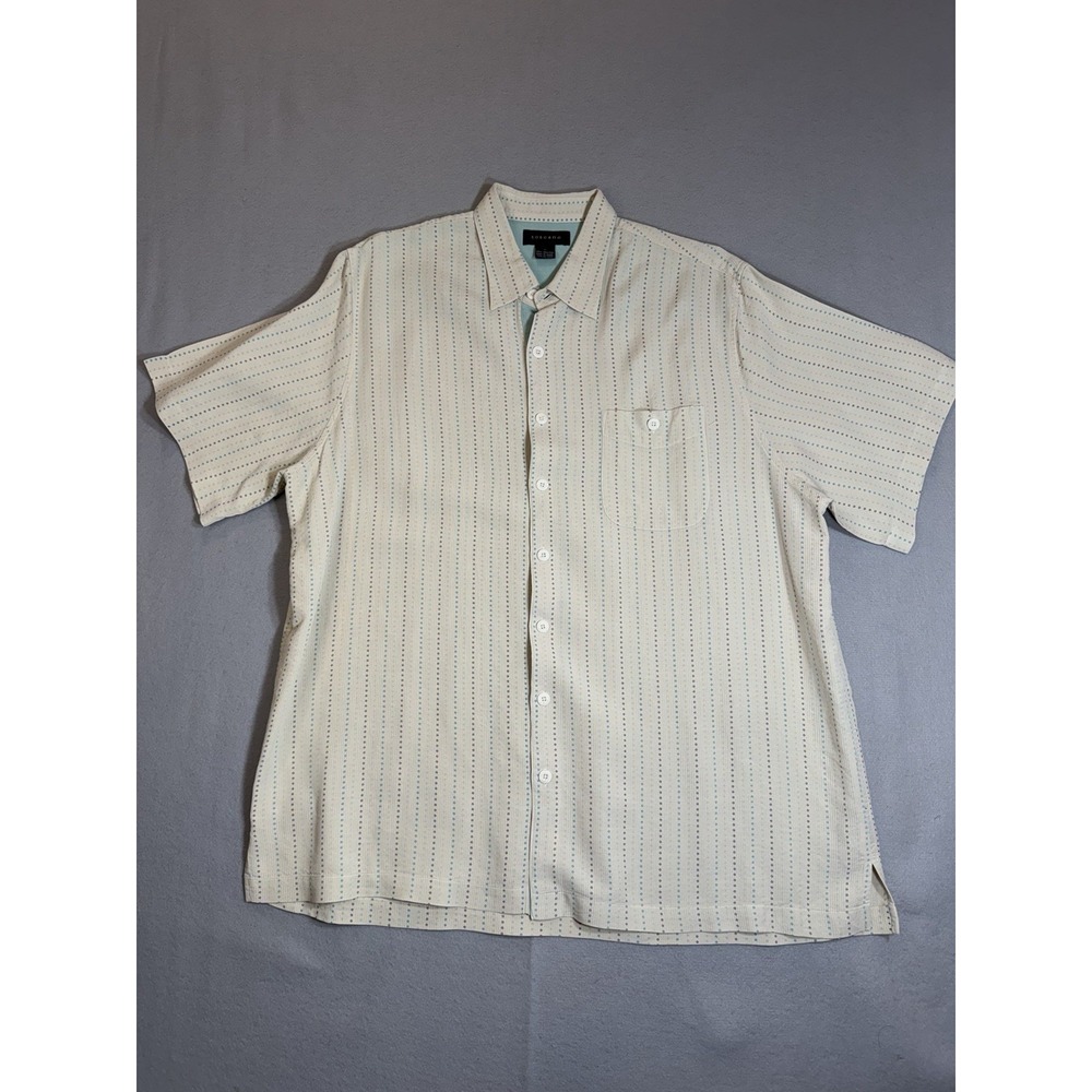 Toscano 100% Silk Shirt Men's 1X Button Up Short Sleeve Collared Print Coastal